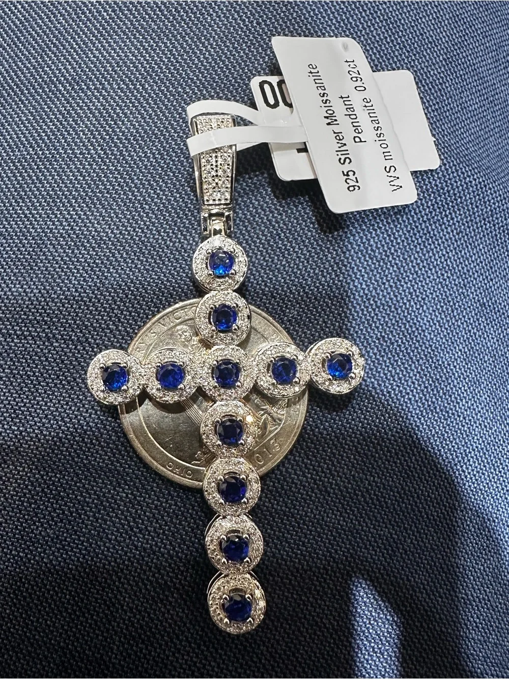 Sterling Silver Blue Sapphire Cross Pendant